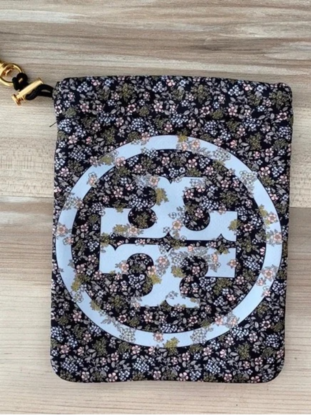 Women’s Tory Burch Black Floral Logo Wristlet Pouch with Logo One Size